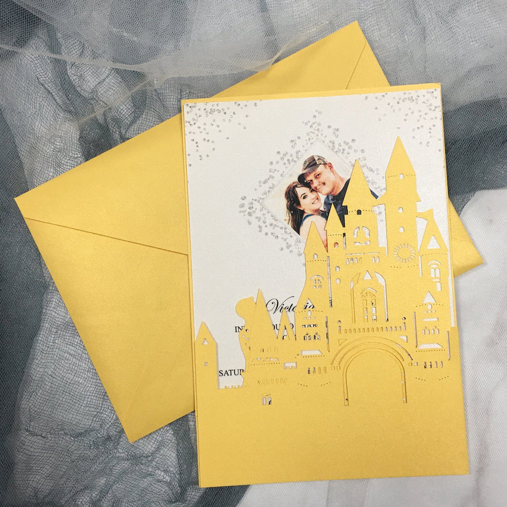 Picky Bride Castle Wedding Invitation Yellow Gold Wedding Invitations with Bride & Groom Picky Bride