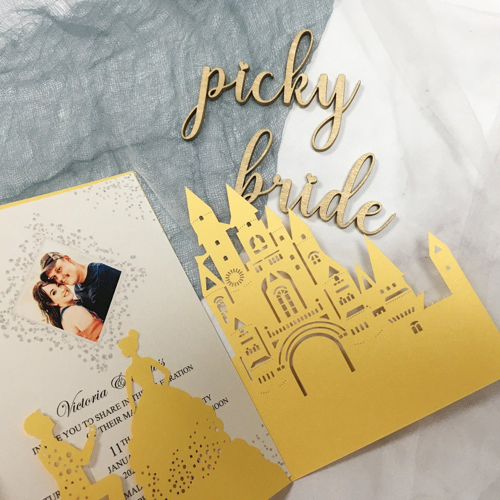 Picky Bride Castle Wedding Invitation Yellow Gold Wedding Invitations with Bride & Groom Picky Bride