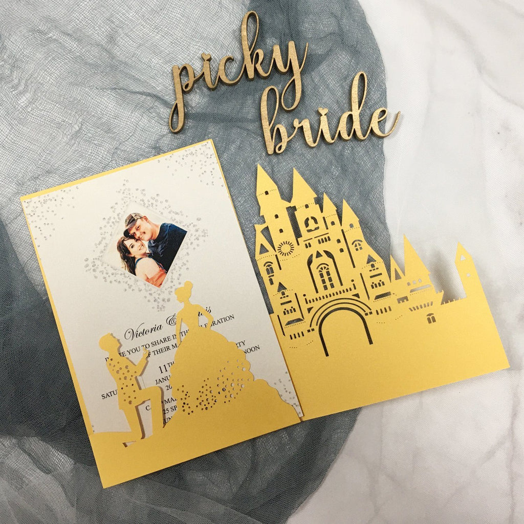 Picky Bride Castle Wedding Invitation Yellow Gold Wedding Invitations with Bride & Groom Picky Bride