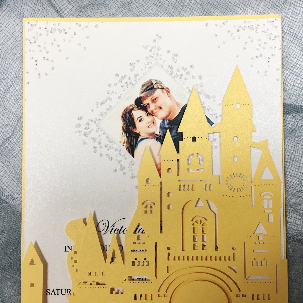 Picky Bride Castle Wedding Invitation Yellow Gold Wedding Invitations with Bride & Groom Picky Bride