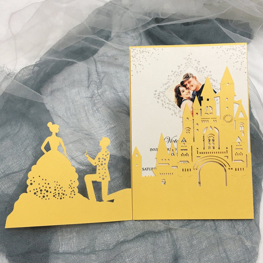 Picky Bride Castle Wedding Invitation Yellow Gold Wedding Invitations with Bride & Groom Picky Bride