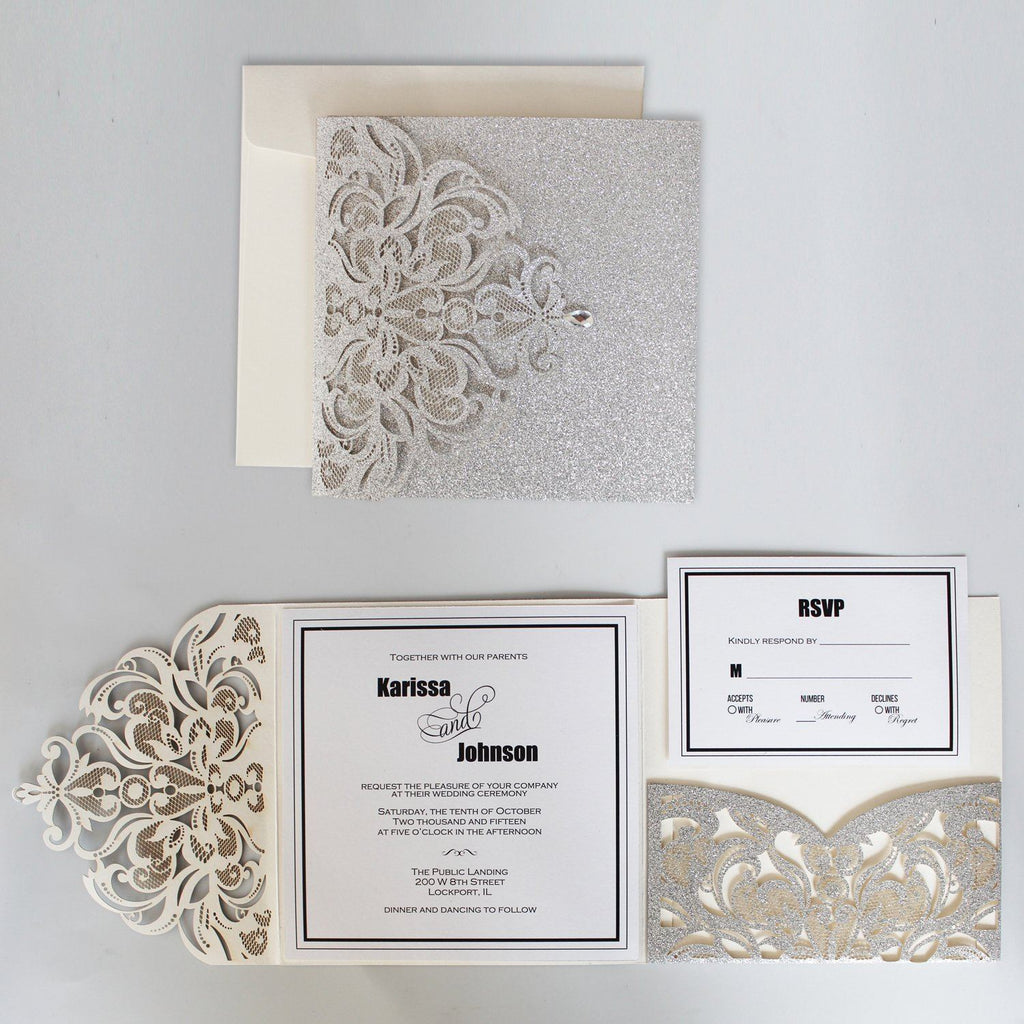 Picky Bride Elegant Glitter Silver Laser Cut Wedding Invitations with RSVP Cards Picky Bride