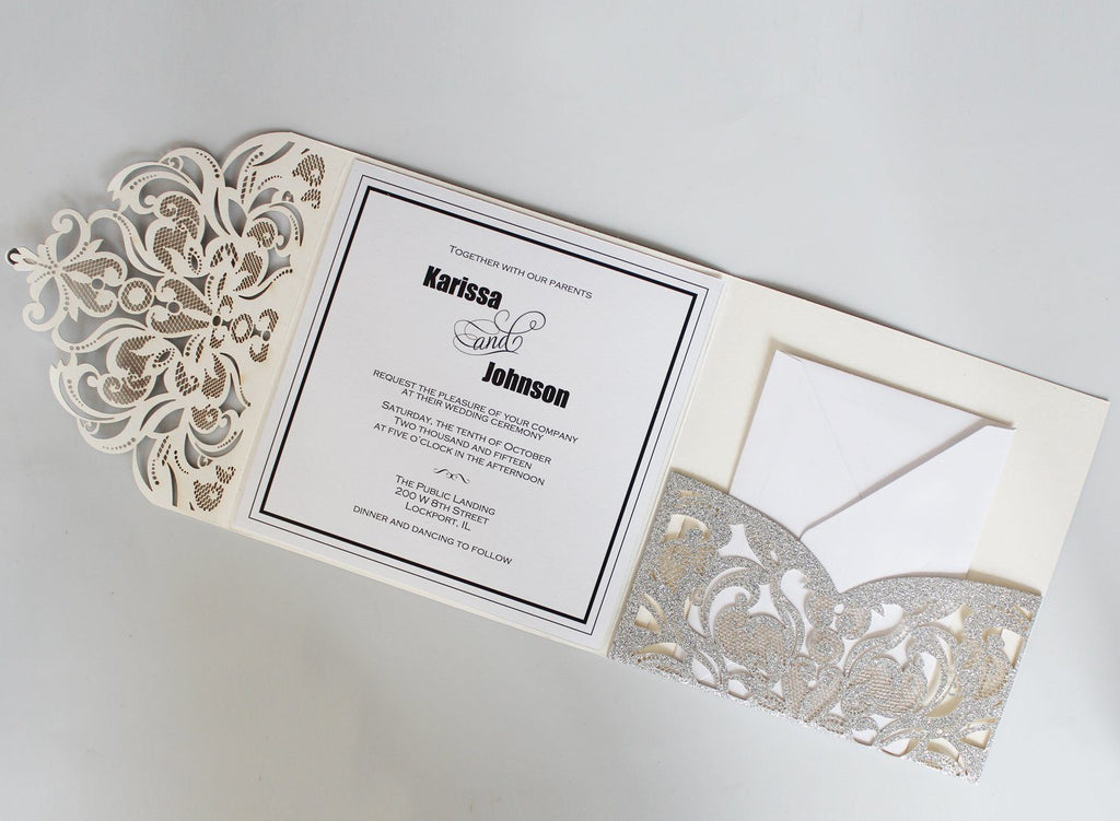 Picky Bride Elegant Glitter Silver Laser Cut Wedding Invitations with RSVP Cards Picky Bride