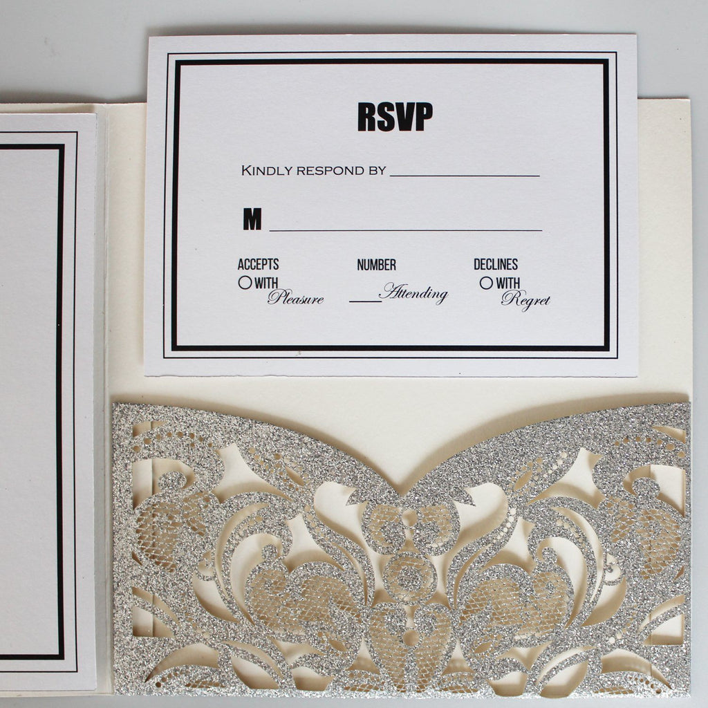Picky Bride Elegant Glitter Silver Laser Cut Wedding Invitations with RSVP Cards Picky Bride