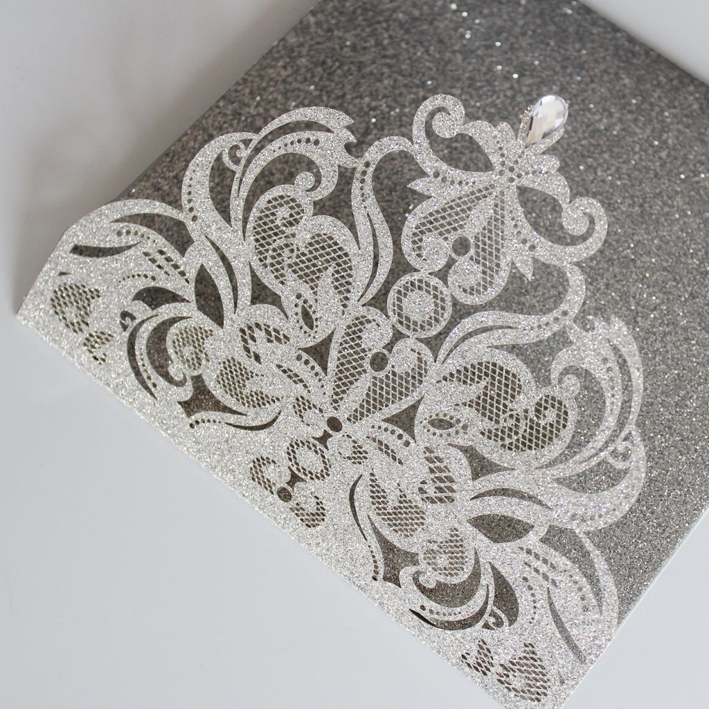 Picky Bride Elegant Glitter Silver Laser Cut Wedding Invitations with RSVP Cards Picky Bride