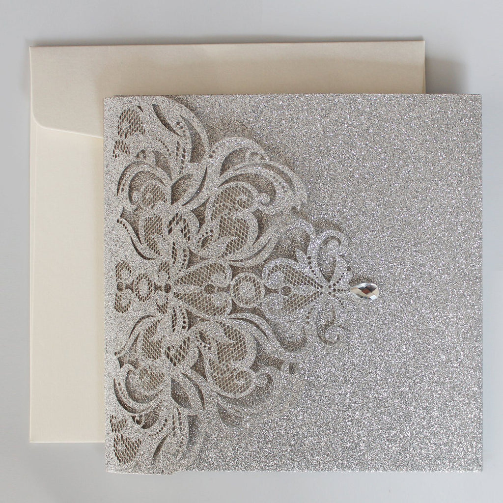 Picky Bride Elegant Glitter Silver Laser Cut Wedding Invitations with RSVP Cards Picky Bride