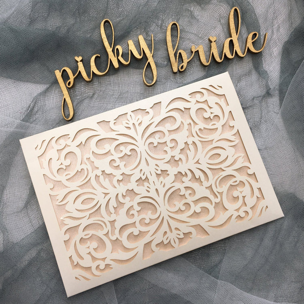 Picky Bride Elegant Wedding Invitations Cards Ivory Laser Cut Invitations with Blush Pink Shimmer Insert Picky Bride