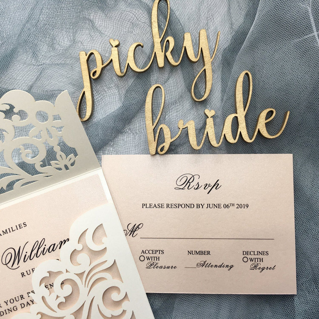 Picky Bride Elegant Wedding Invitations Cards Ivory Laser Cut Invitations with Blush Pink Shimmer Insert Picky Bride