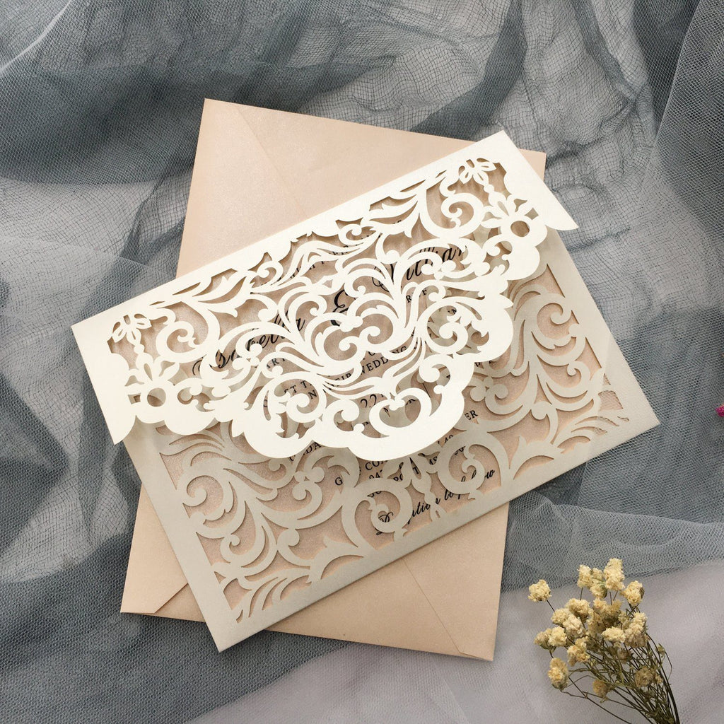 Picky Bride Elegant Wedding Invitations Cards Ivory Laser Cut Invitations with Blush Pink Shimmer Insert Picky Bride