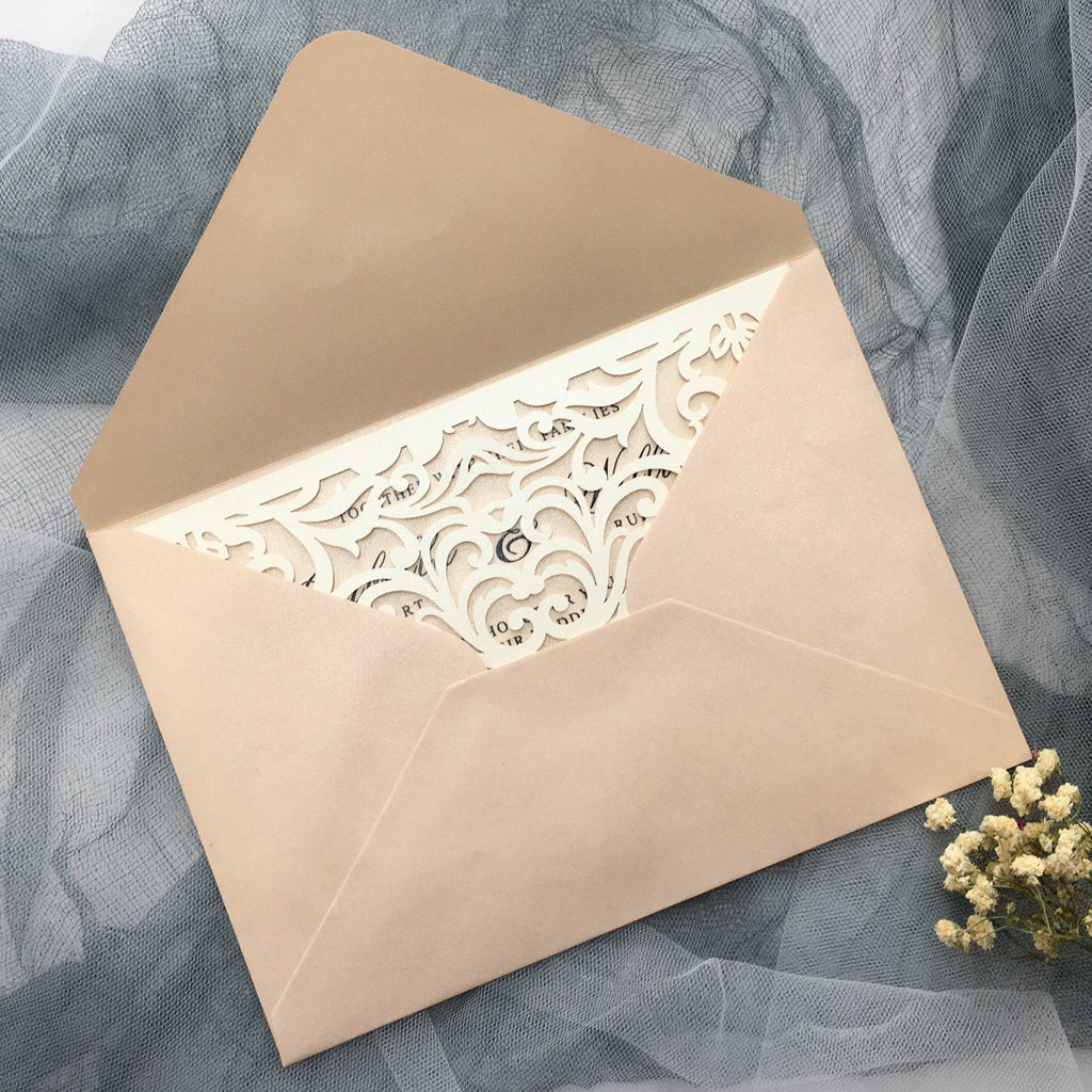 Picky Bride Elegant Wedding Invitations Cards Ivory Laser Cut Invitations with Blush Pink Shimmer Insert Picky Bride