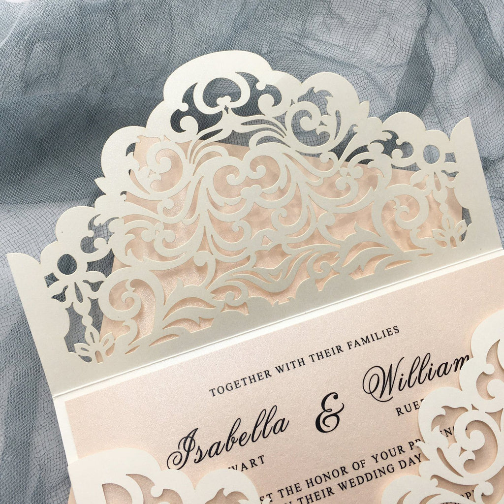 Picky Bride Elegant Wedding Invitations Cards Ivory Laser Cut Invitations with Blush Pink Shimmer Insert Picky Bride