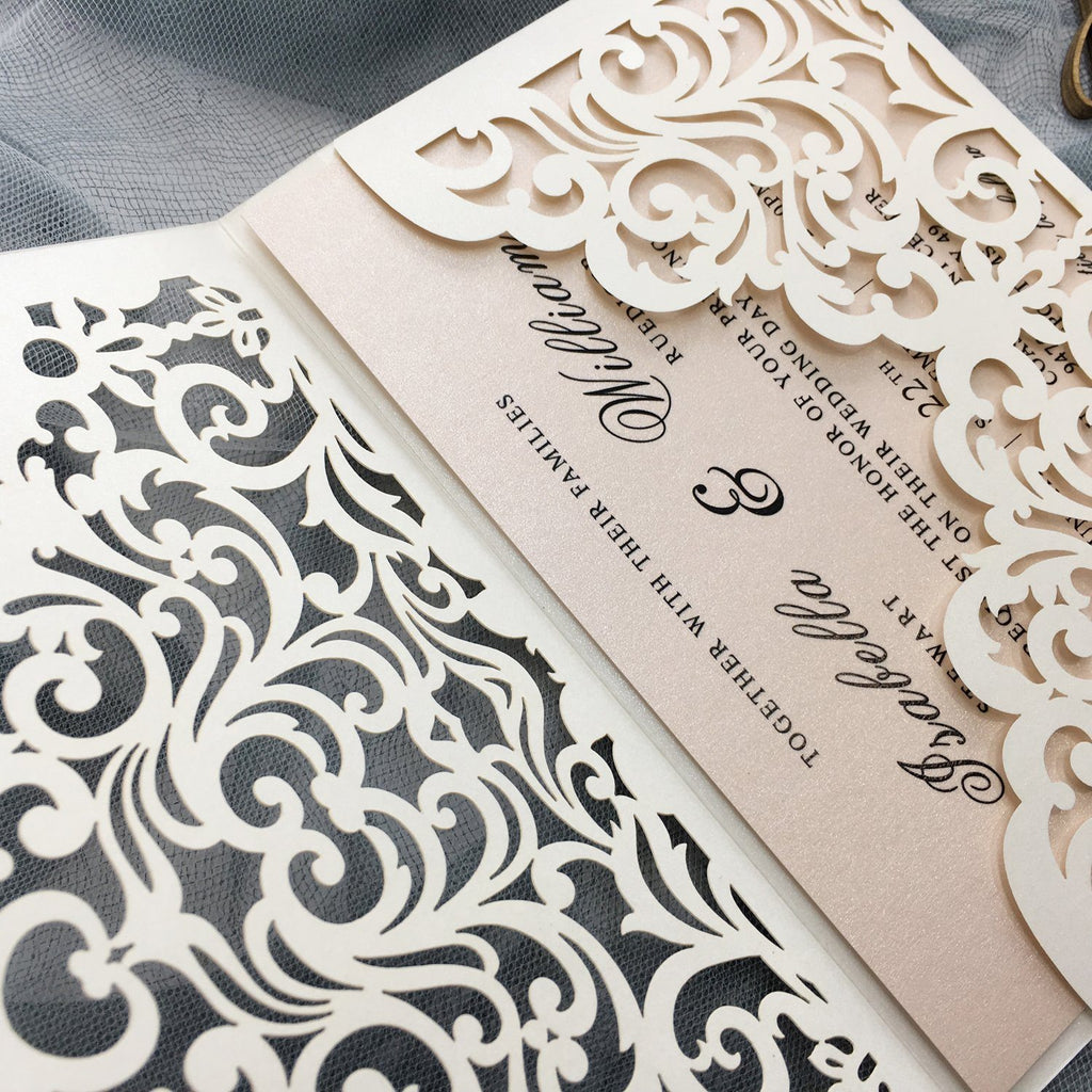 Picky Bride Elegant Wedding Invitations Cards Ivory Laser Cut Invitations with Blush Pink Shimmer Insert Picky Bride