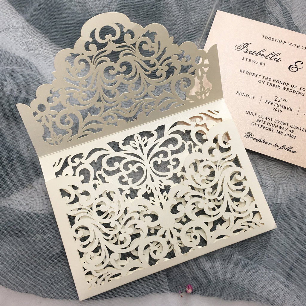 Picky Bride Elegant Wedding Invitations Cards Ivory Laser Cut Invitations with Blush Pink Shimmer Insert Picky Bride