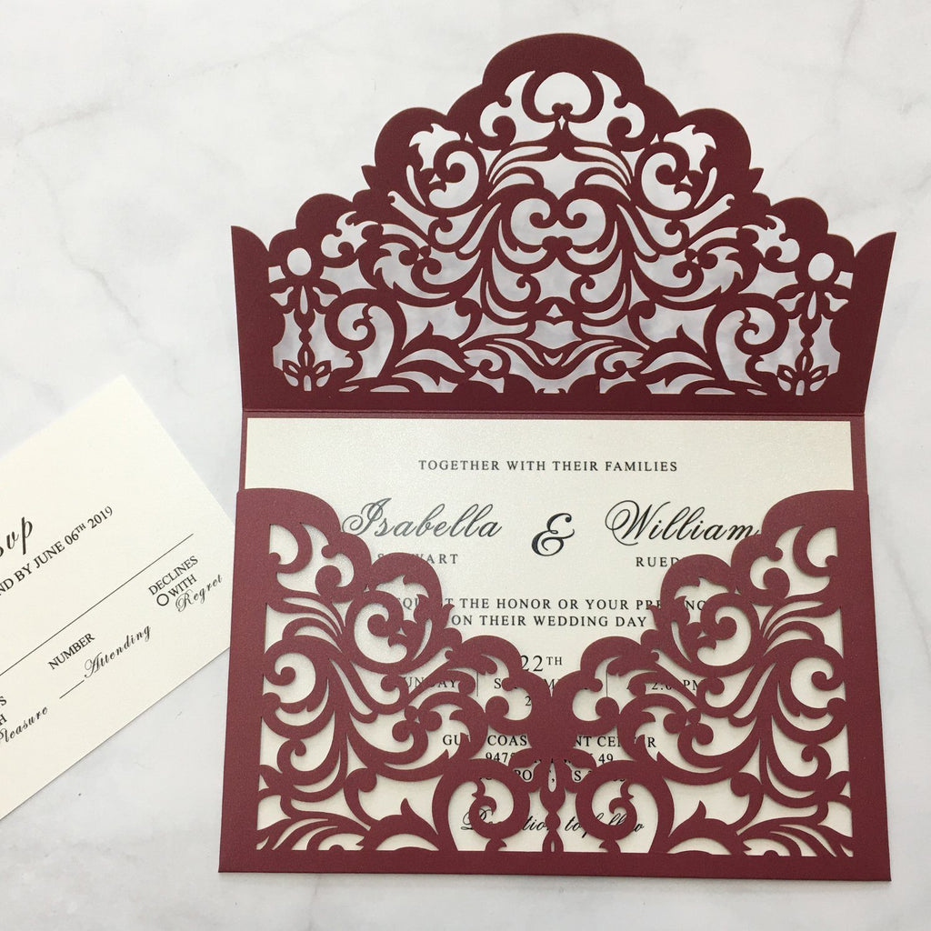 Picky Bride Elegant Wedding Invitations Cards Ivory Laser Cut Invitations with Blush Pink Shimmer Insert Picky Bride Burgundy 30 x $3.5 ea.
