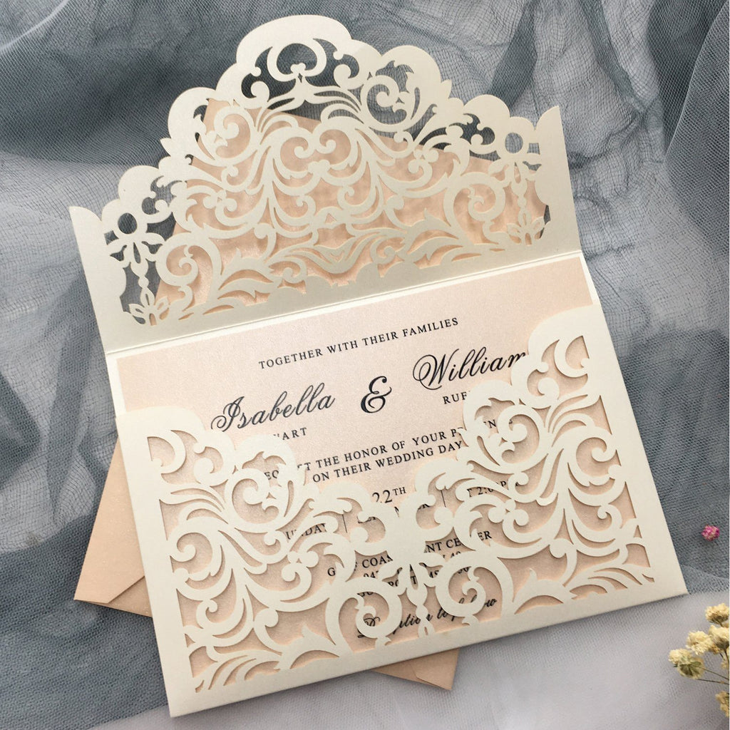 Picky Bride Elegant Wedding Invitations Cards Ivory Laser Cut Invitations with Blush Pink Shimmer Insert Picky Bride Ivory 1 Sample