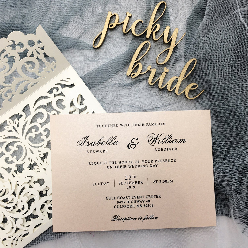 Picky Bride Elegant Wedding Invitations Cards Ivory Laser Cut Invitations with Blush Pink Shimmer Insert Picky Bride Ivory 30 x $3.5 ea.