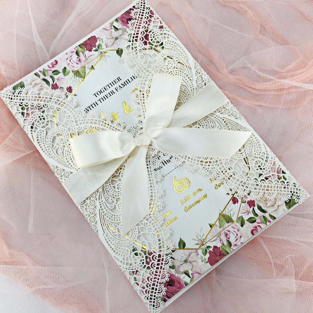 Picky Bride Gold Foil Wedding Invitation White Lace Hot Gold Stamping Invitation cards Picky Bride