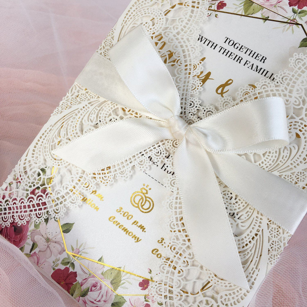 Picky Bride Gold Foil Wedding Invitation White Lace Hot Gold Stamping Invitation cards Picky Bride