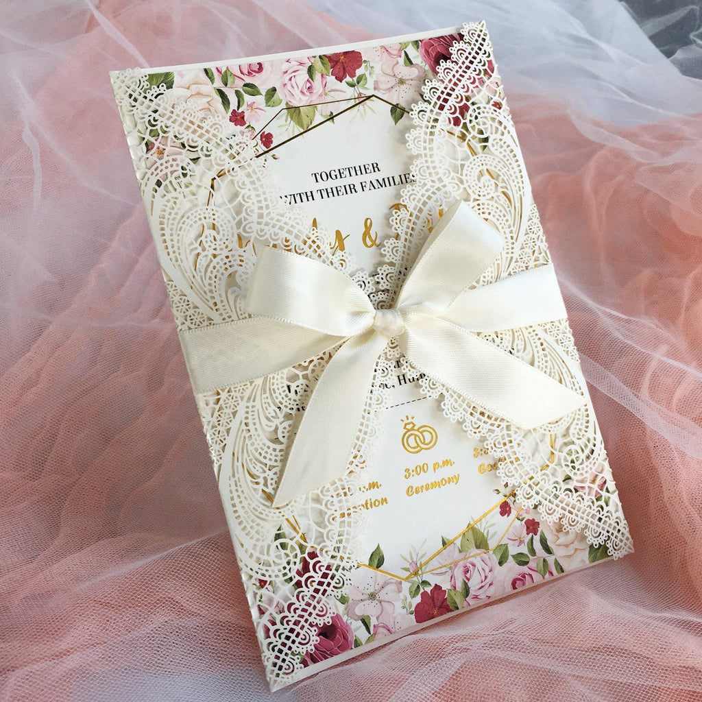 Picky Bride Gold Foil Wedding Invitation White Lace Hot Gold Stamping Invitation cards Picky Bride