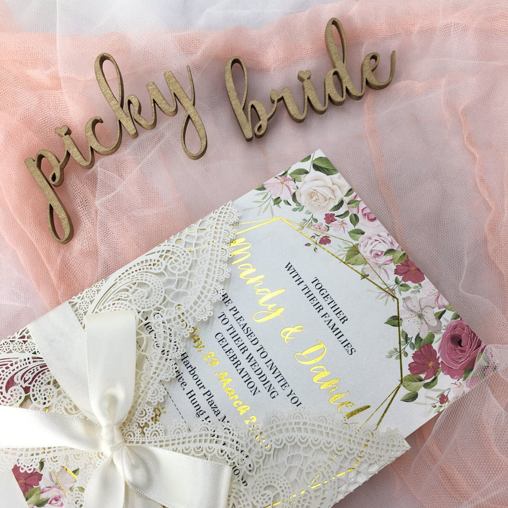 Picky Bride Gold Foil Wedding Invitation White Lace Hot Gold Stamping Invitation cards Picky Bride