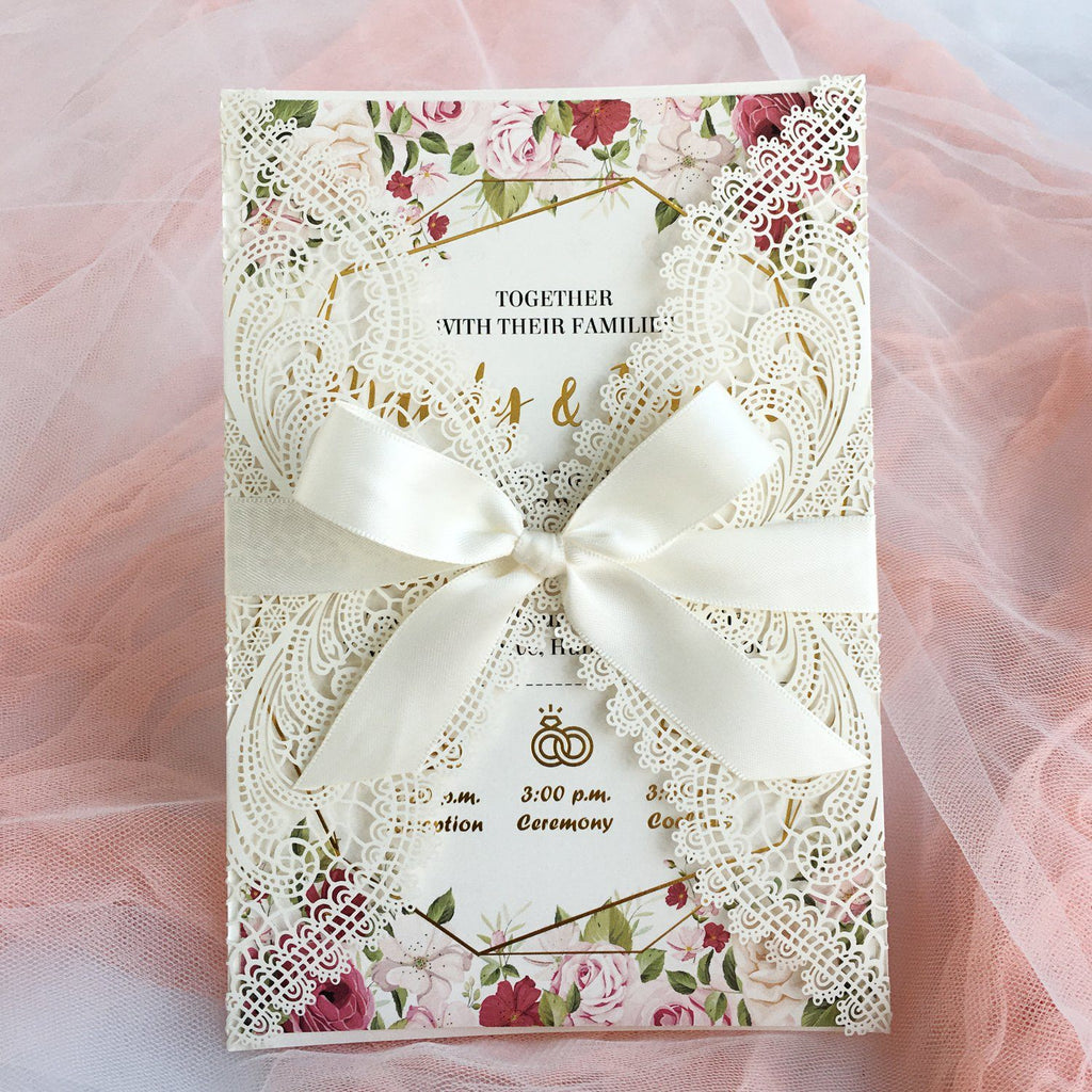 Picky Bride Gold Foil Wedding Invitation White Lace Hot Gold Stamping Invitation cards Picky Bride