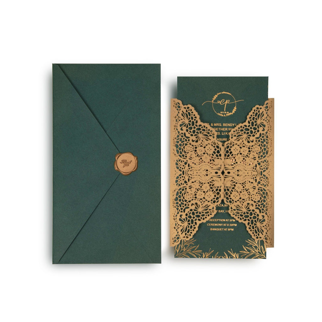 Picky Bride Gold Laser Cut Invitations Foil Printing Wedding Invite with Jungle Green Envelope Picky Bride