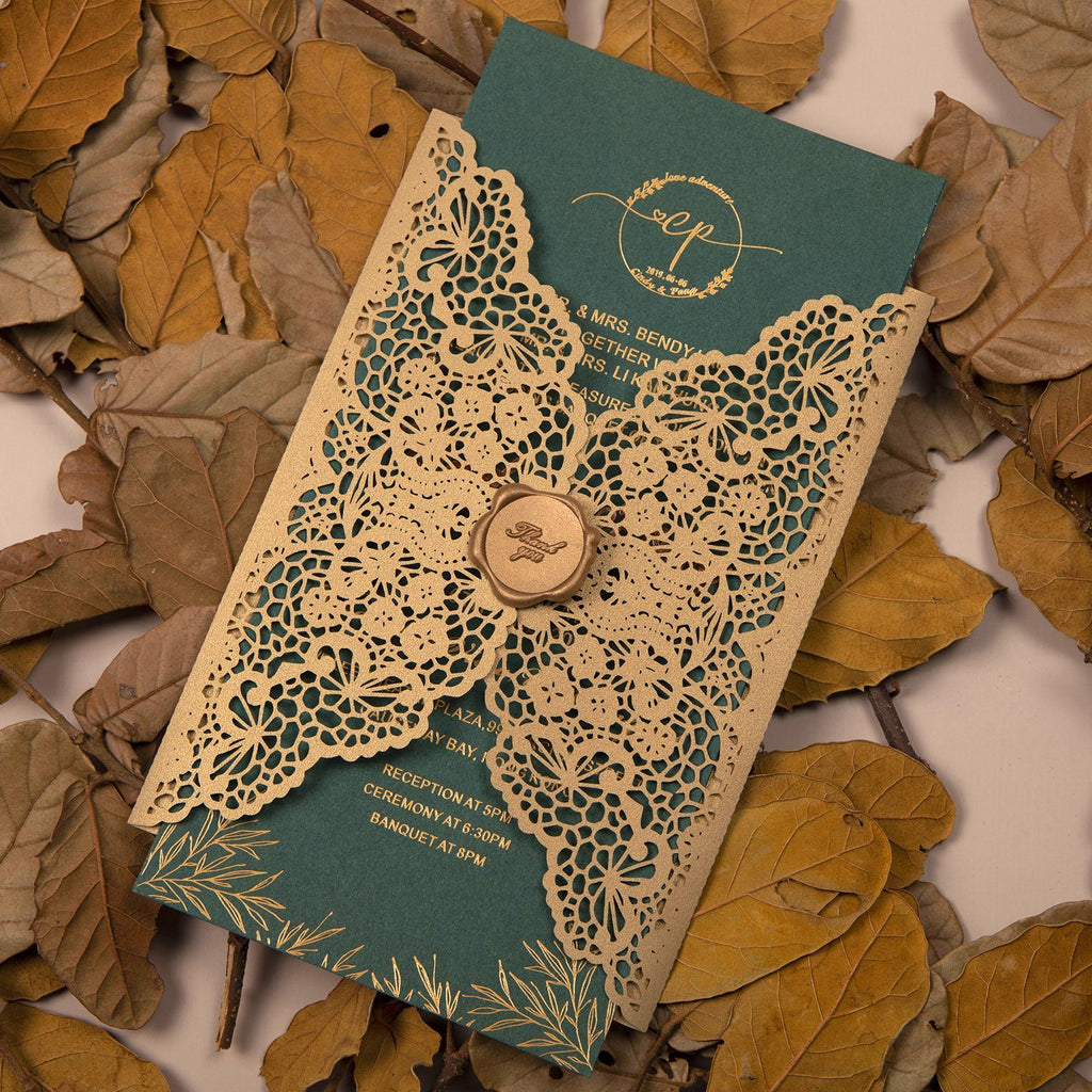 Picky Bride Gold Laser Cut Invitations Foil Printing Wedding Invite with Jungle Green Envelope Picky Bride