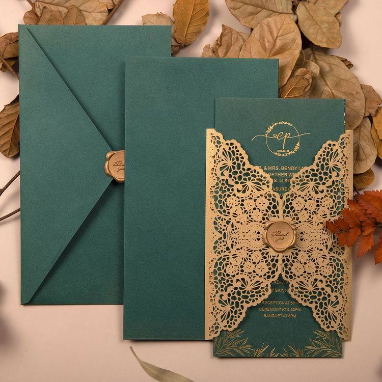 Picky Bride Gold Laser Cut Invitations Foil Printing Wedding Invite with Jungle Green Envelope Picky Bride