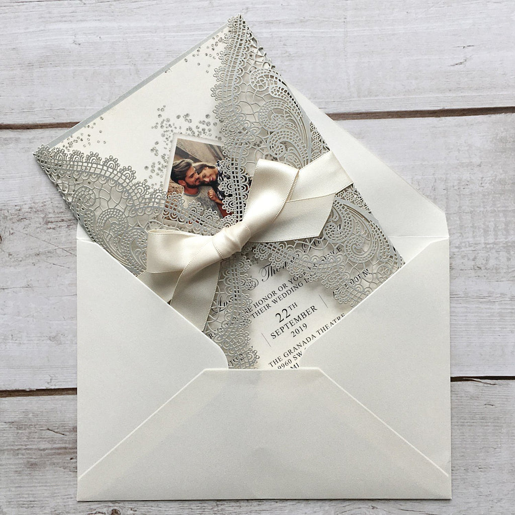 Picky Bride Laser Cut Silver Grey Wedding Invitations with Ribbon Bow Picky Bride