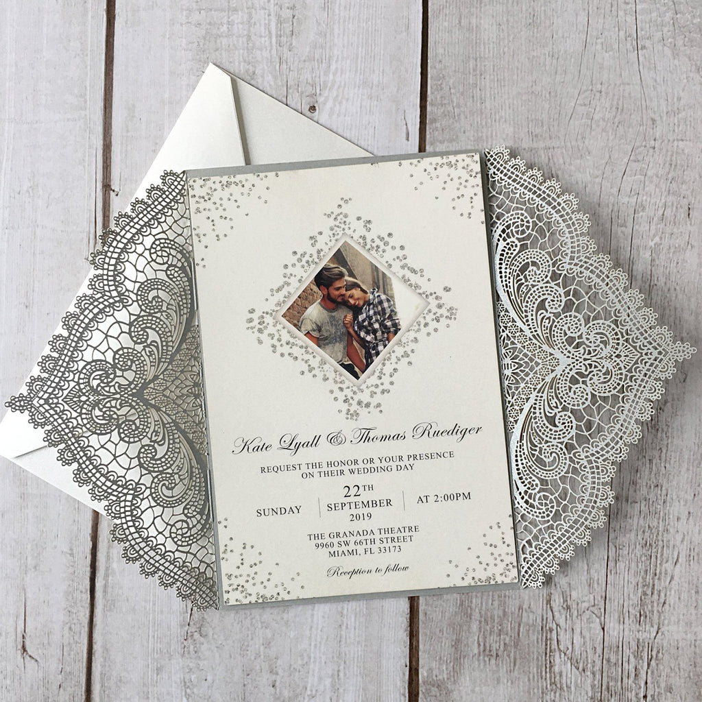 Picky Bride Laser Cut Silver Grey Wedding Invitations with Ribbon Bow Picky Bride