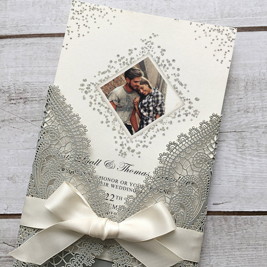 Picky Bride Laser Cut Silver Grey Wedding Invitations with Ribbon Bow Picky Bride 