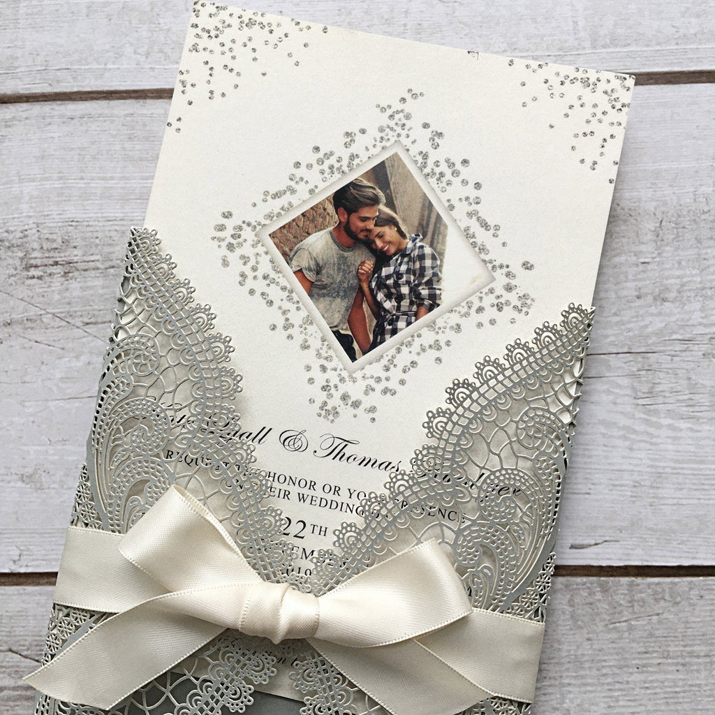 Picky Bride Laser Cut Silver Grey Wedding Invitations with Ribbon Bow Picky Bride