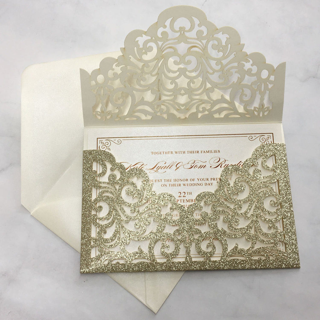 Picky Bride Luxury Glitter Gold Wedding Invitations Laser Cutting Invitation Cards With Envelope Picky Bride