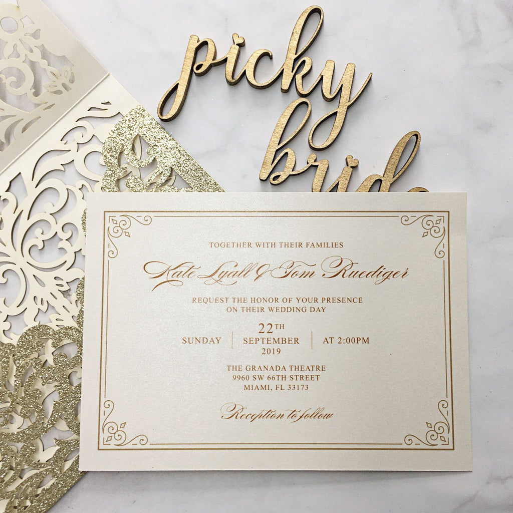 Picky Bride Luxury Glitter Gold Wedding Invitations Laser Cutting Invitation Cards With Envelope Picky Bride