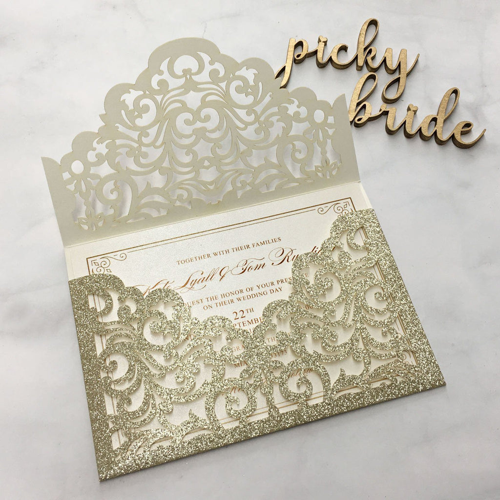 Picky Bride Luxury Glitter Gold Wedding Invitations Laser Cutting Invitation Cards With Envelope Picky Bride