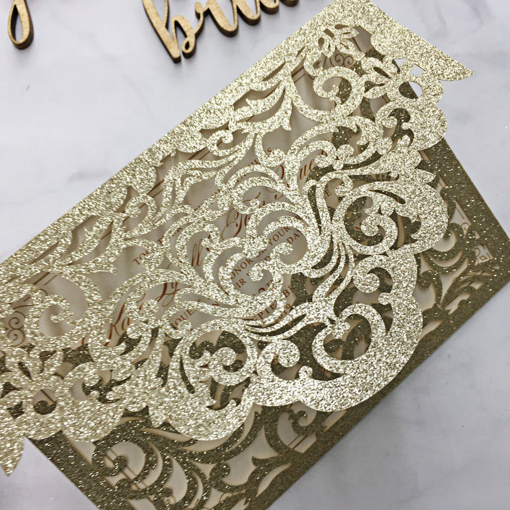 Picky Bride Luxury Glitter Gold Wedding Invitations Laser Cutting Invitation Cards With Envelope Picky Bride
