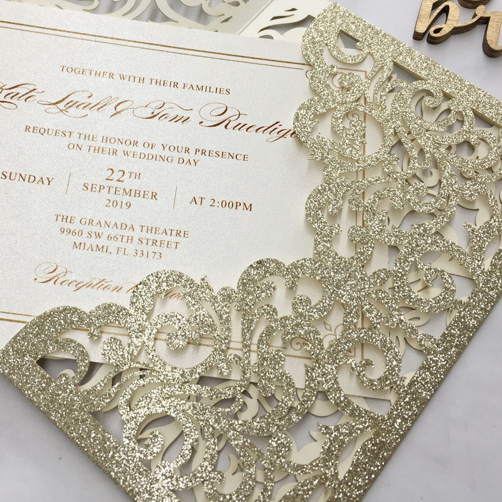 Picky Bride Luxury Glitter Gold Wedding Invitations Laser Cutting Invitation Cards With Envelope Picky Bride