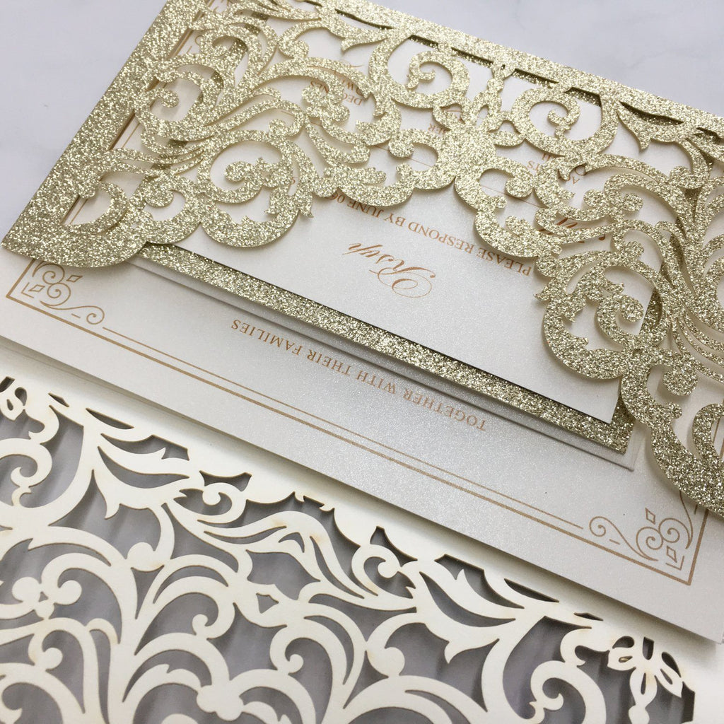 Picky Bride Luxury Glitter Gold Wedding Invitations Laser Cutting Invitation Cards With Envelope Picky Bride