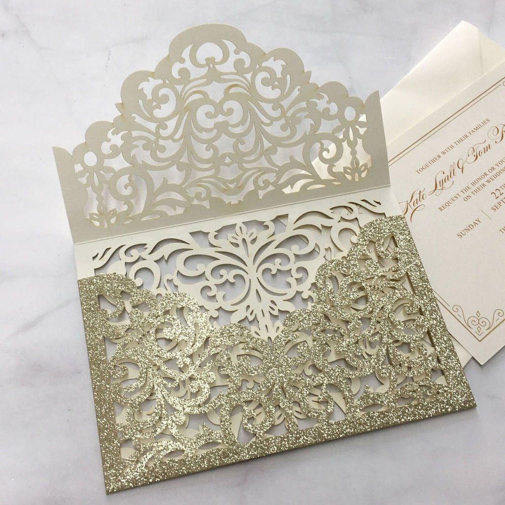 Picky Bride Luxury Glitter Gold Wedding Invitations Laser Cutting Invitation Cards With Envelope Picky Bride