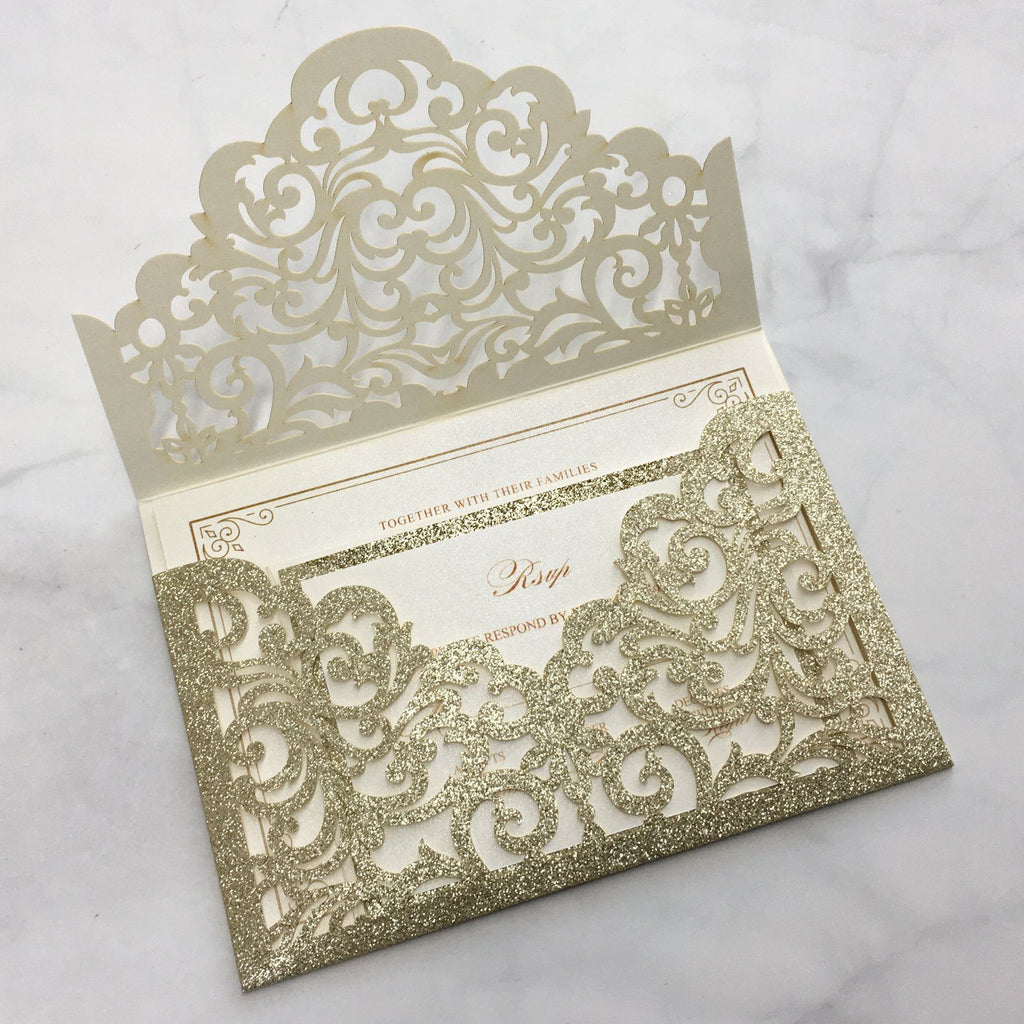 Picky Bride Luxury Glitter Gold Wedding Invitations Laser Cutting Invitation Cards With Envelope Picky Bride