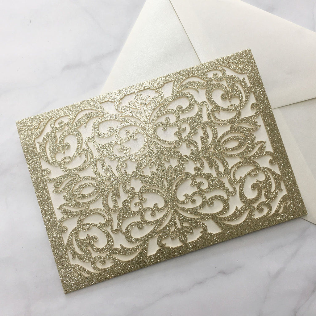 Picky Bride Luxury Glitter Gold Wedding Invitations Laser Cutting Invitation Cards With Envelope Picky Bride