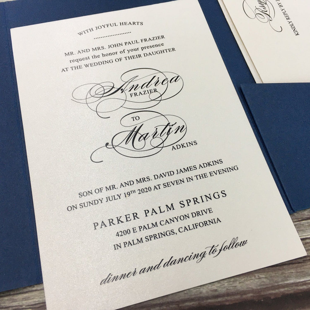 Picky Bride Navy Blue Pocket Wedding Invitations, Folded Invite Picky Bride