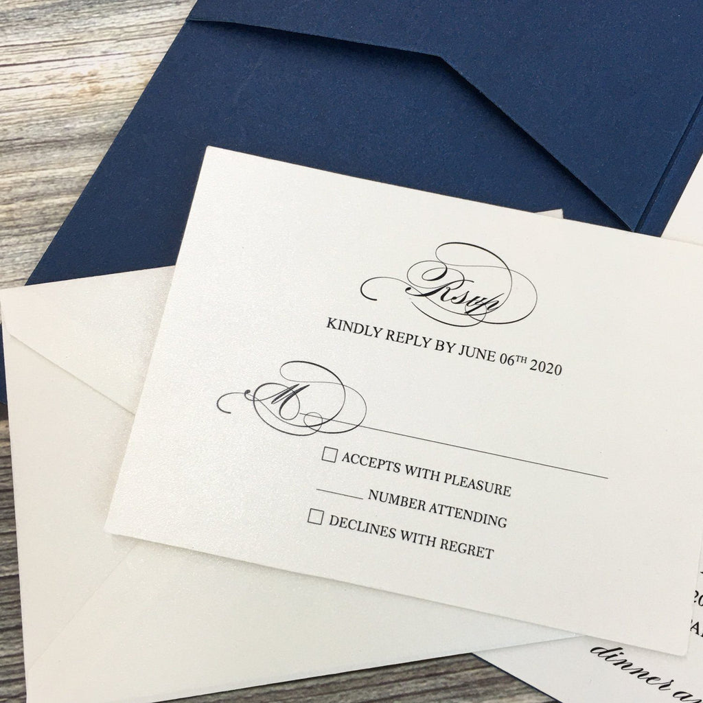 Picky Bride Navy Blue Pocket Wedding Invitations, Folded Invite Picky Bride