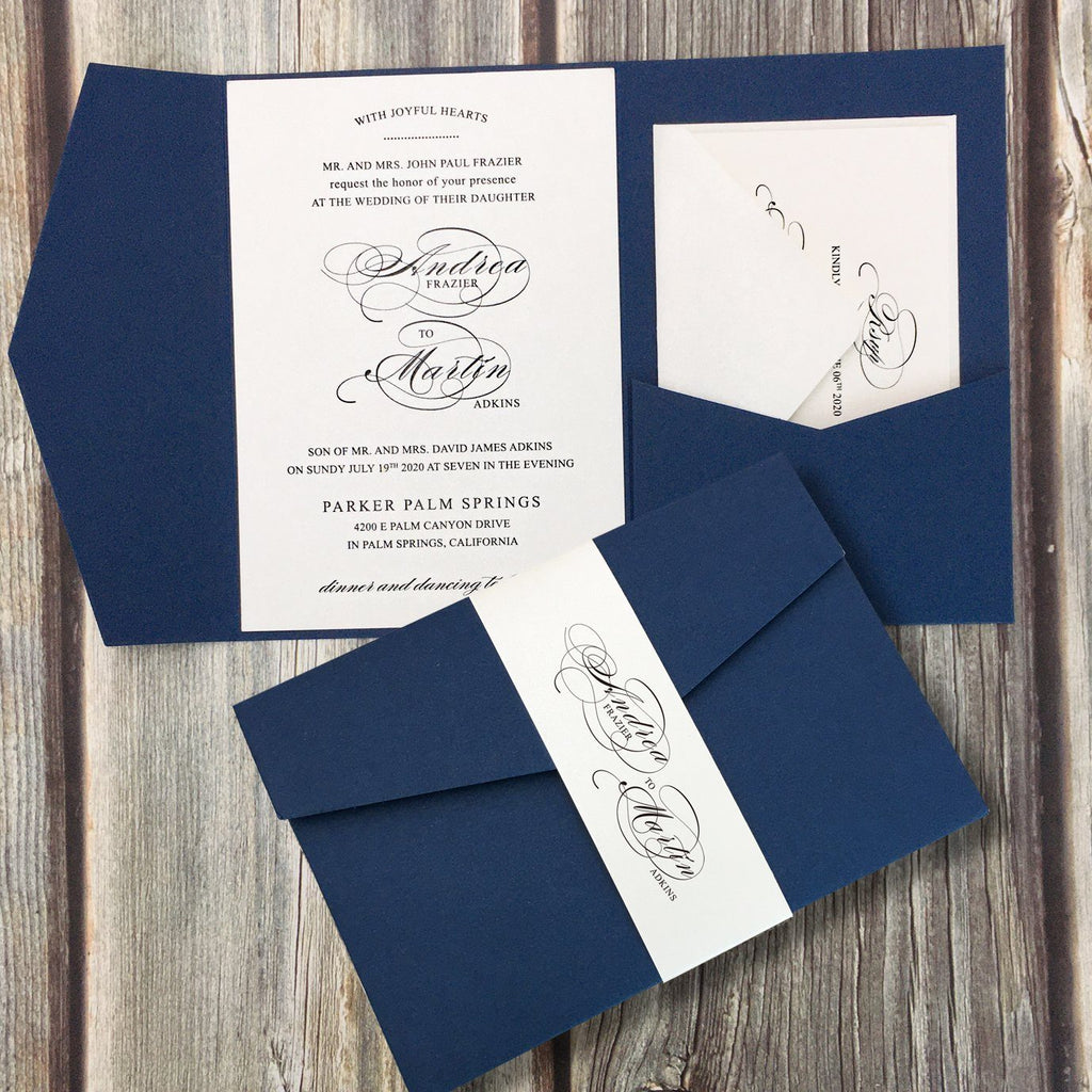 Picky Bride Navy Blue Pocket Wedding Invitations, Folded Invite Picky Bride
