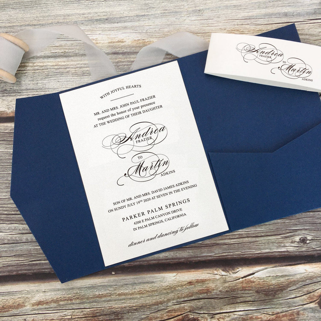 Picky Bride Navy Blue Pocket Wedding Invitations, Folded Invite Picky Bride