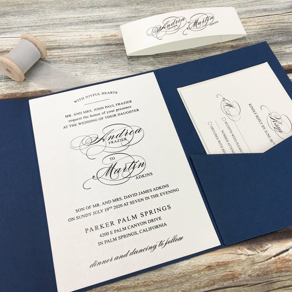 Picky Bride Navy Blue Pocket Wedding Invitations, Folded Invite Picky Bride