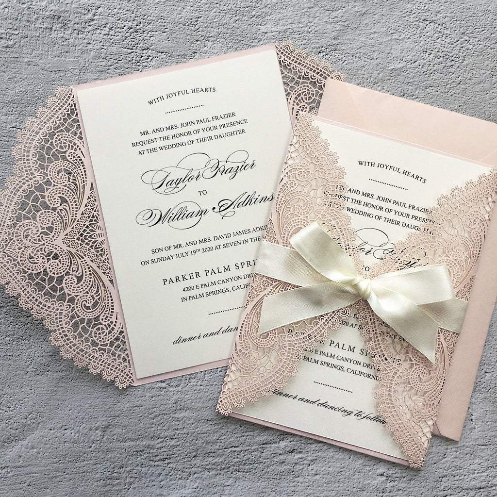 Picky Bride Pale Pink Wedding Invitations Laser Cut Invitations with Ivory Shimmer Insert Picky Bride 
