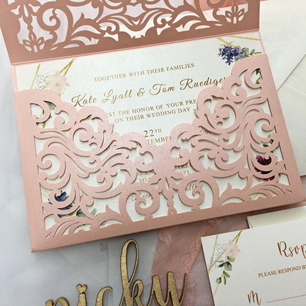 Picky Bride Pink Wedding Invitations Pocket Invitations With RSVP Elegant Wedding Invite Cards Picky Bride