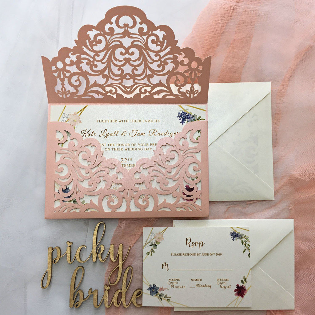 Picky Bride Pink Wedding Invitations Pocket Invitations With RSVP Elegant Wedding Invite Cards Picky Bride