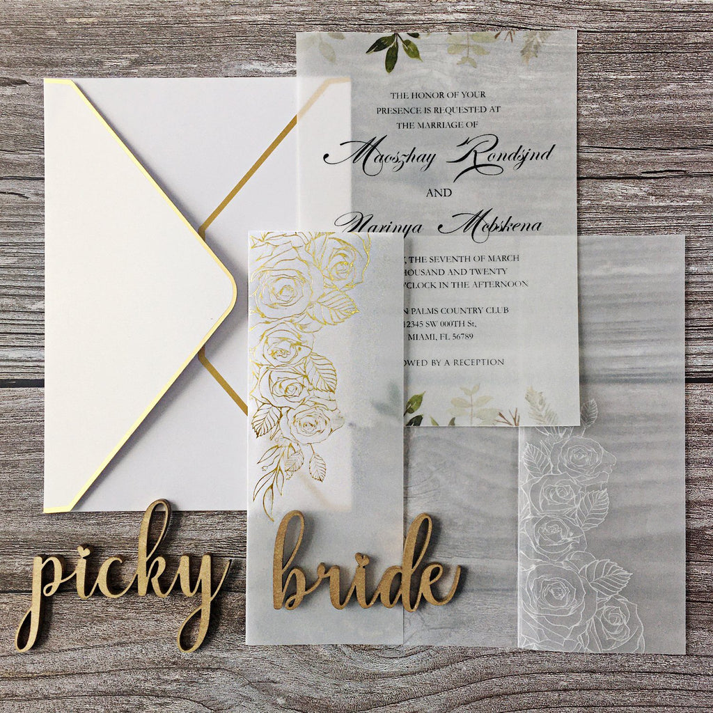 Picky Bride Vellum Wedding Invitations with Envelopes 5 x 7-inch Foil Vellum Invitations Bride Invite Picky Bride